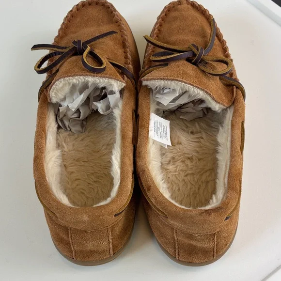 J.Crew Tan Leather Slippers Moccasin Faux Fur Lined Size 10 Men  Cozy - Picture 4 of 7